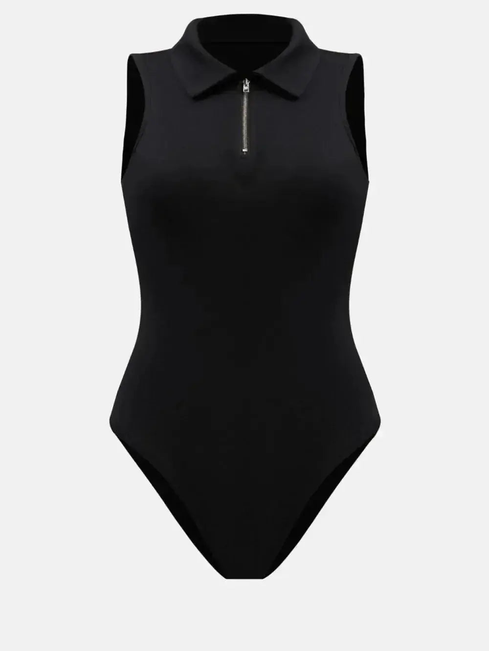 Slim-fit women's quarter-zip sleeveless collared bodysuit jumper by Plush Fashion Hub, shown in a close-up of the neckline and zipper detail.