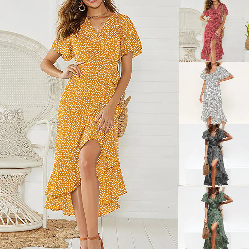 Women’s summer floral high-waist chiffon dress with V-neck design, featuring a flowy, lightweight fabric perfect for warm weather.