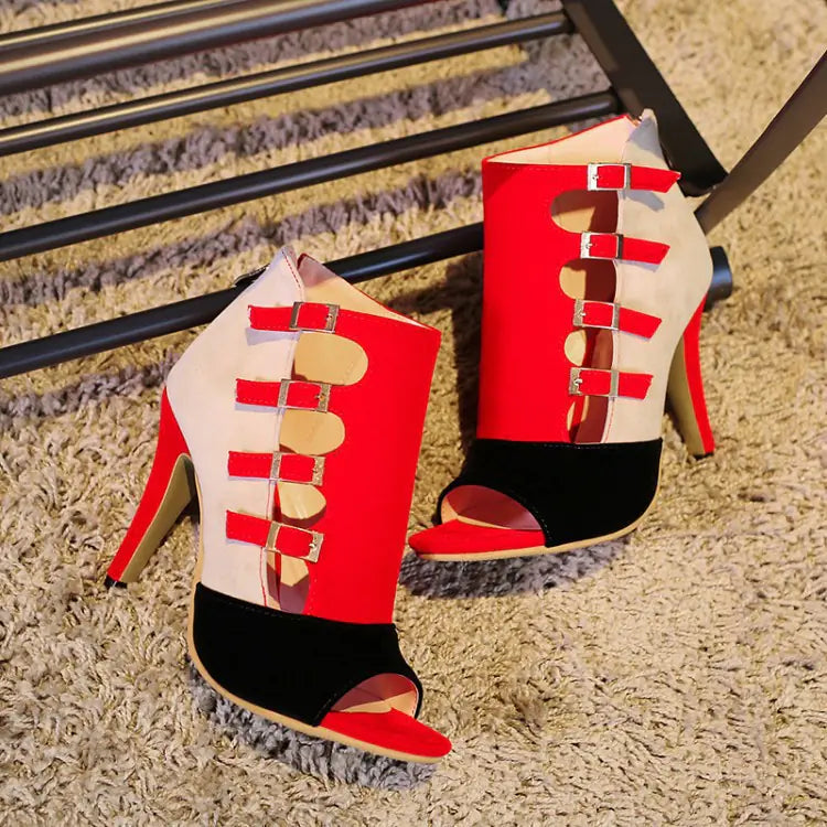 Women's color-block buckle peep-toe high heels from Trendy Attic Store01, showcasing stylish design and vibrant color accents.