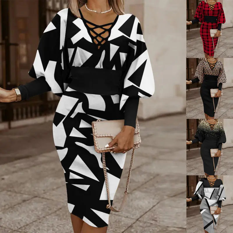 Elegant women's V-neck long sleeve pencil dress from Trendy Attic Store01, featuring a fitted silhouette and classic design.