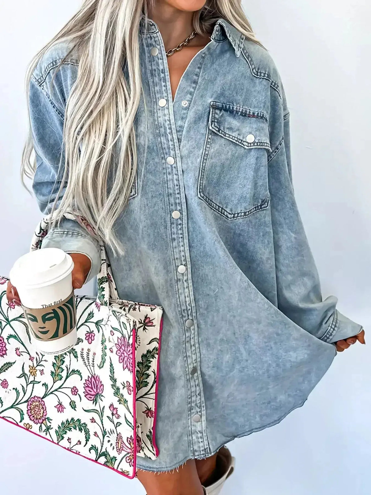 Relaxed cotton denim button-down shirt dress with pockets and raw hem, stylish and comfortable from Plush Fashion Hub.