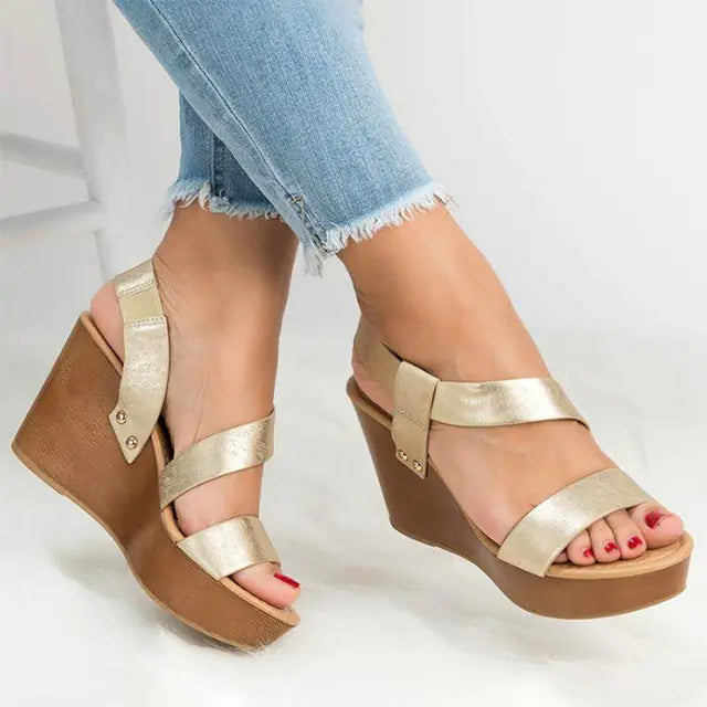Women's summer casual slip-on wedge high heels in beige with open toe and ankle strap, trendy and comfortable for warm weather.