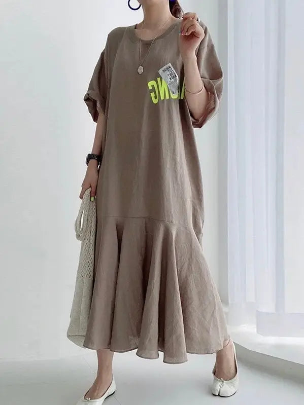 Retro Round Neck Letter Print Short Sleeve Dress Plush Fashion Hub