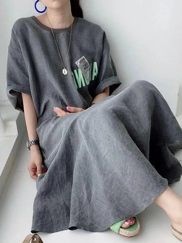 Retro Round Neck Letter Print Short Sleeve Dress Plush Fashion Hub