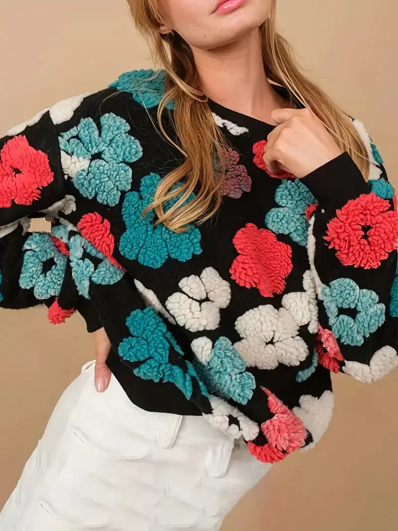 Retro Three-dimensional Flower Loose Cashmere Sweater - Plush Fashion Hub