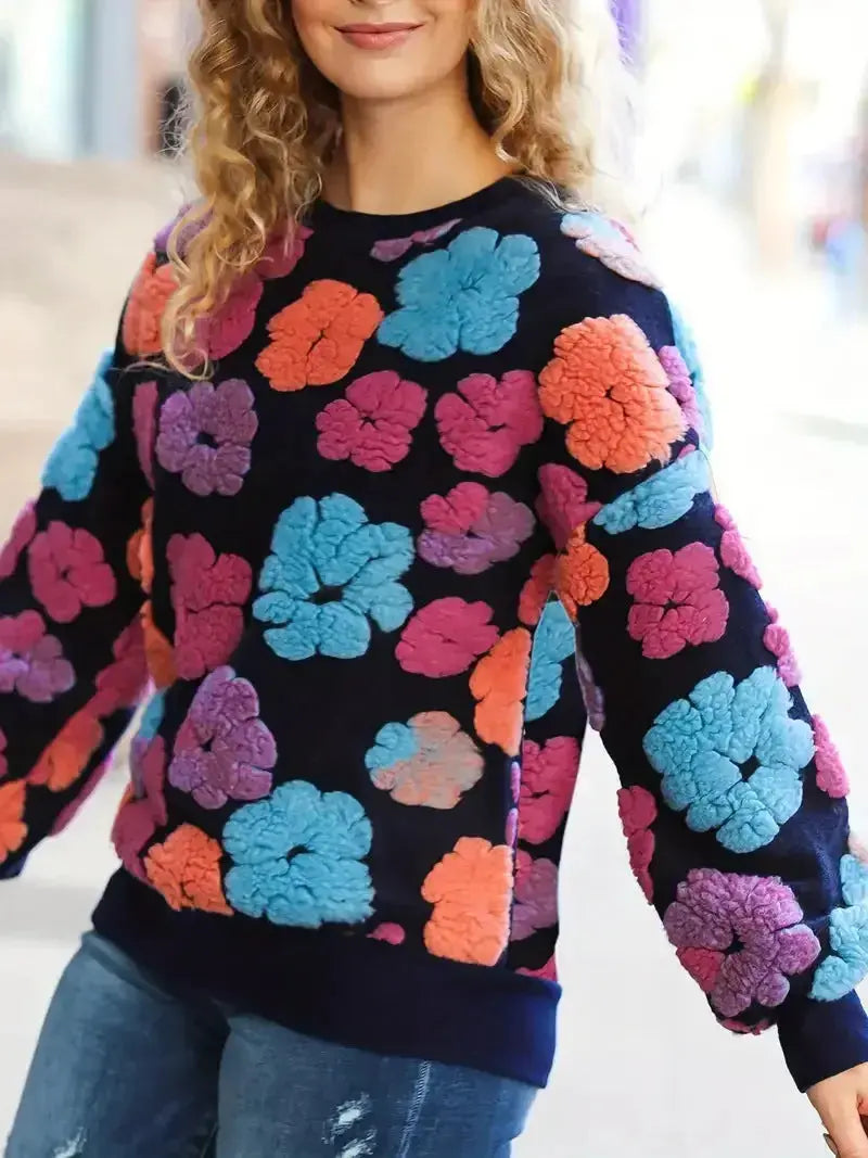 Women's retro 3D floral cashmere sweater with loose fit from Plush Fashion Hub, showcasing a cozy, stylish design.