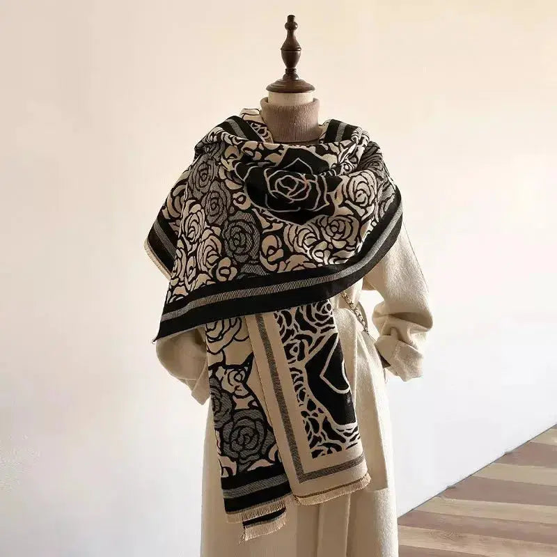 Elegant women's rose pattern fringe scarf by Plush Fashion Hub, featuring floral design and cozy winter wrap in luxe polyester.