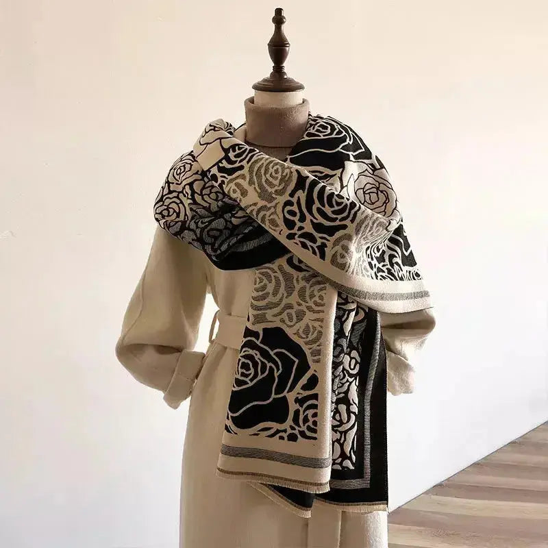 Elegant women's rose pattern fringe scarf by Plush Fashion Hub, featuring floral design and plush polyester fabric for winter warmth.