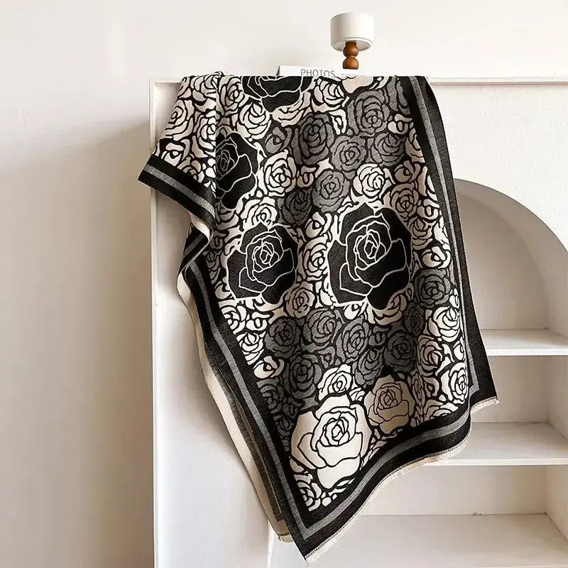 Elegant women's rose pattern fringe scarf by Plush Fashion Hub, featuring floral design and plush polyester for winter warmth.