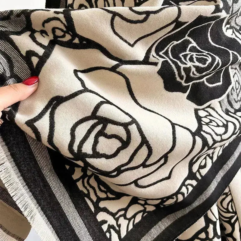 Elegant women's rose pattern fringe scarf by Plush Fashion Hub featuring floral design and plush polyester for winter warmth.