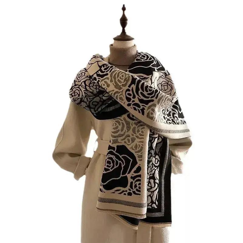 Women's rose pattern fringe scarf by Plush Fashion Hub featuring floral design, soft polyester material, perfect for winter warmth.