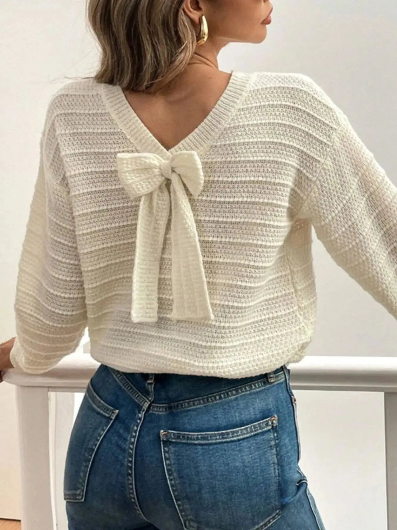 Round Neck Bow-Back Knit Top - Plush Fashion Hub