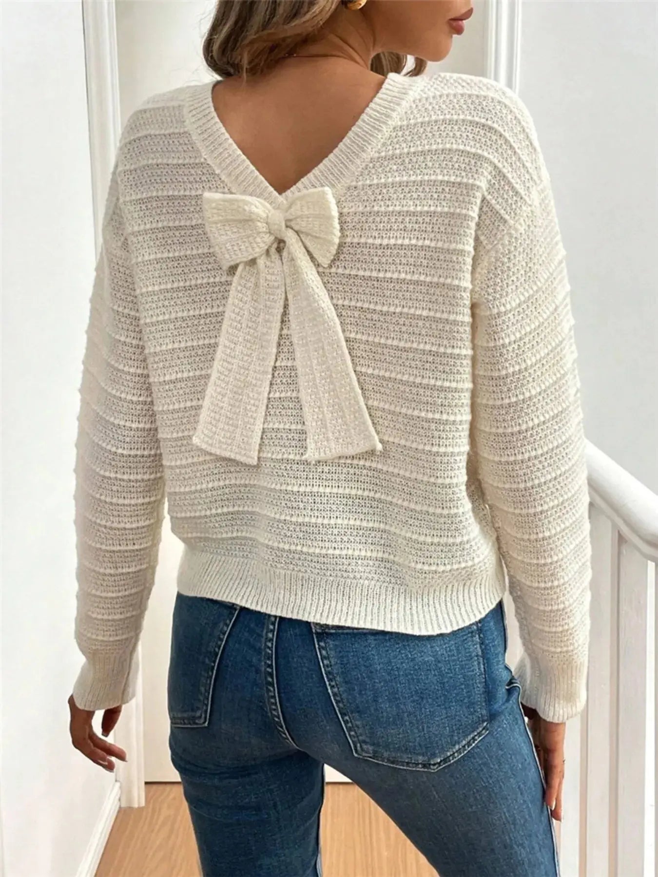 Round Neck Bow-Back Knit Top - Plush Fashion Hub