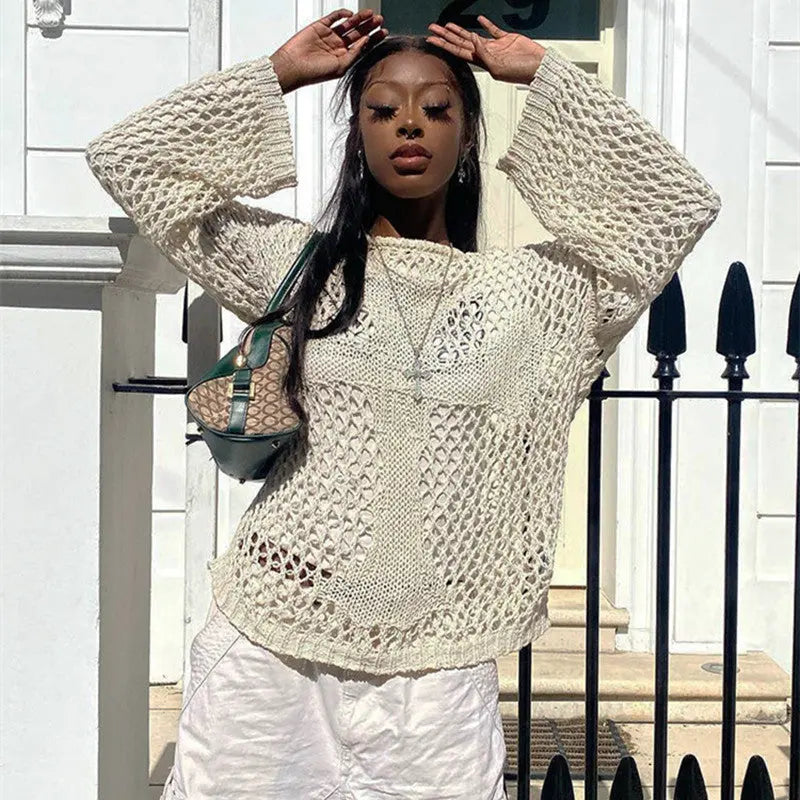 Round Neck Hollow Out Cutout Long Sleeved Criss Cross Blouse Summer See through Sexy Top Beach Sweaters Bella Mia