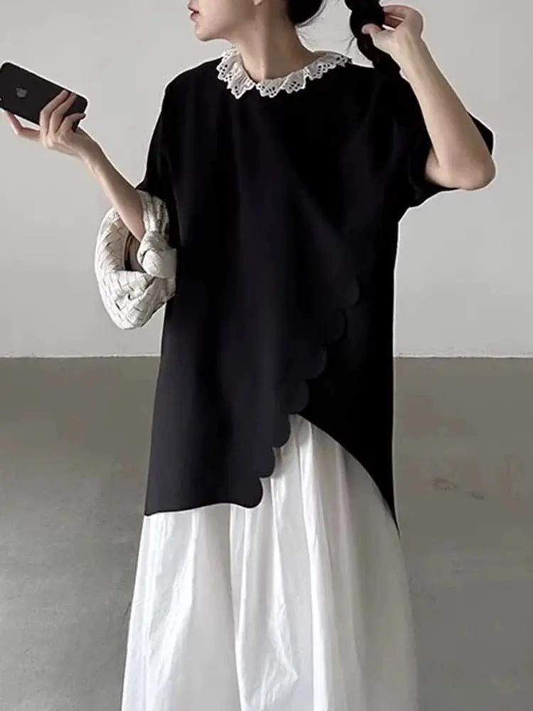 Round Neck Irregular Wave Lace Slit Short Sleeves Shirt Plush Fashion Hub