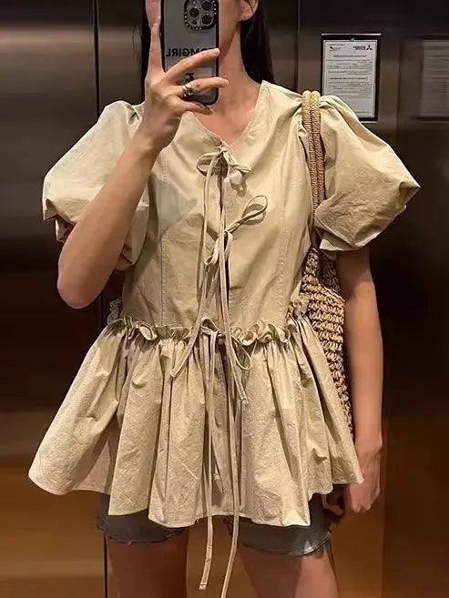 Round Neck Tie Stitching Ruffled Puff Sleeve Shirt Plush Fashion Hub