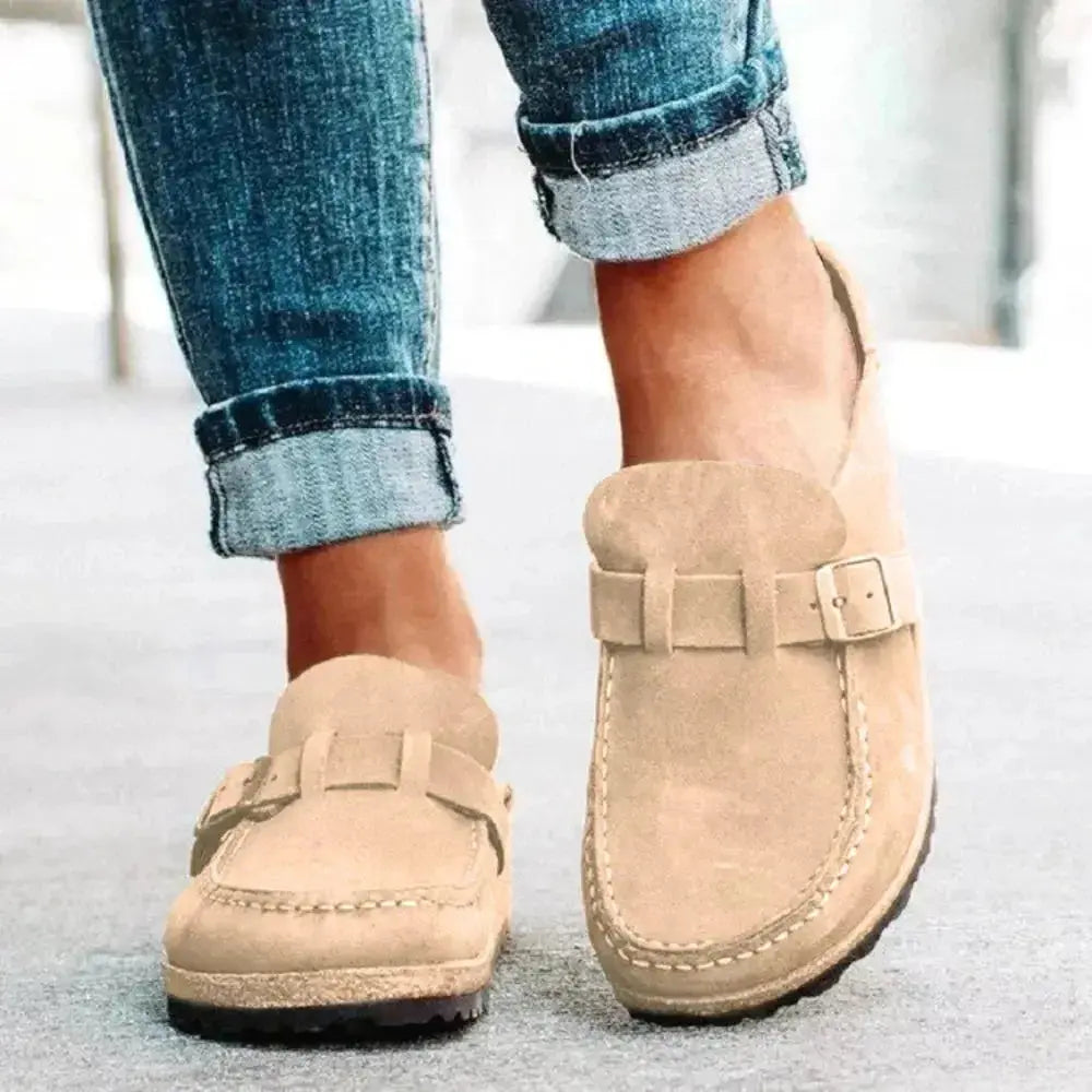 Women's round toe low heel buckle loafers in premium PU dress shoes with classic design and comfortable fit.