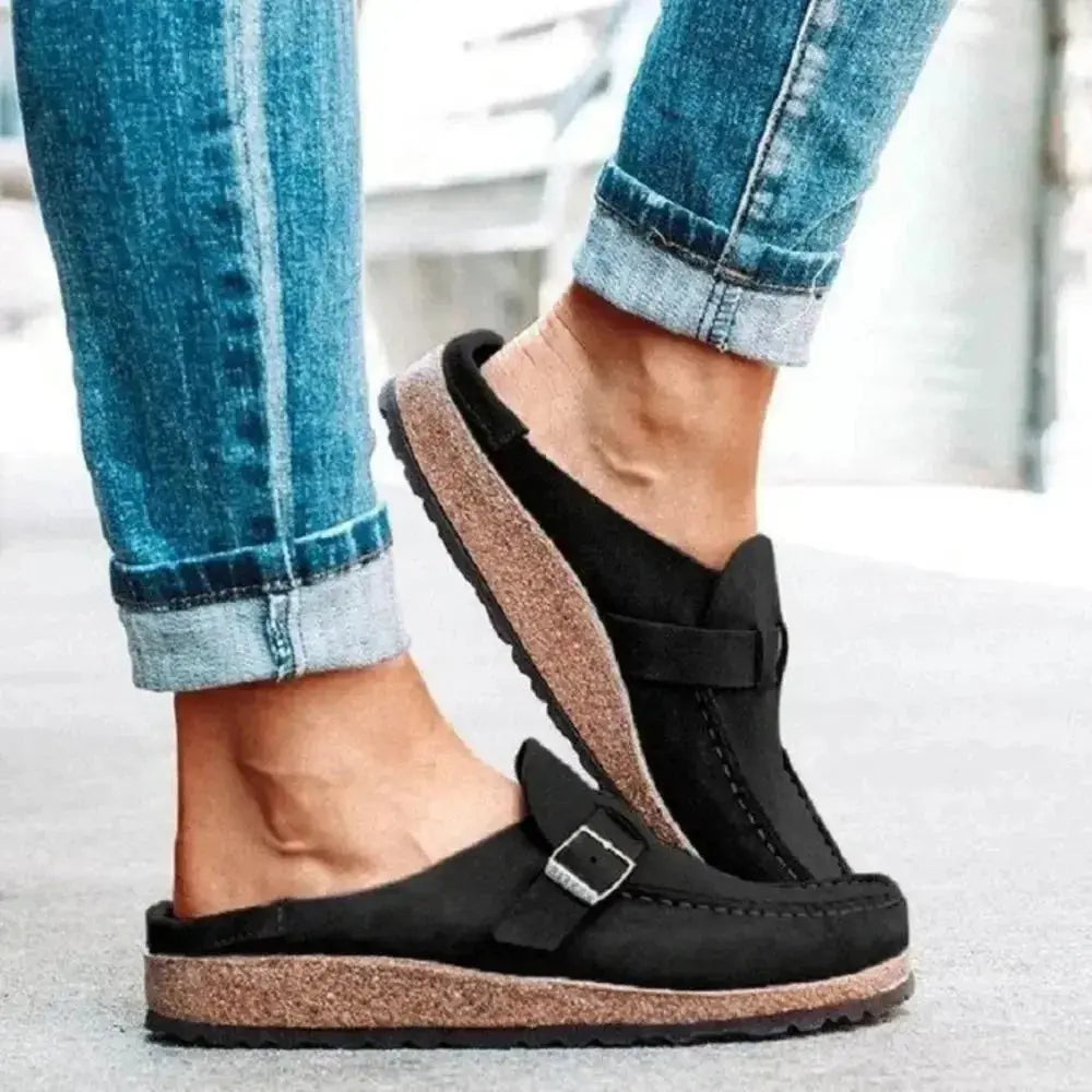 Women's round toe low heel buckle loafers in premium PU dress shoes by Plush Fashion Hub, showcasing stylish footwear with a classic design.