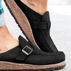 Women's round toe low heel buckle loafers by Plush Fashion Hub, stylish and comfortable dress shoes in premium PU material.