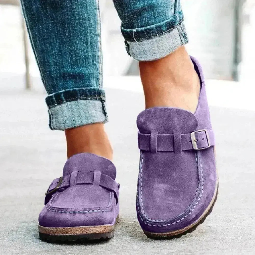 Women's round toe low heel buckle loafers in premium PU dress shoes by Plush Fashion Hub, stylish and comfortable footwear.