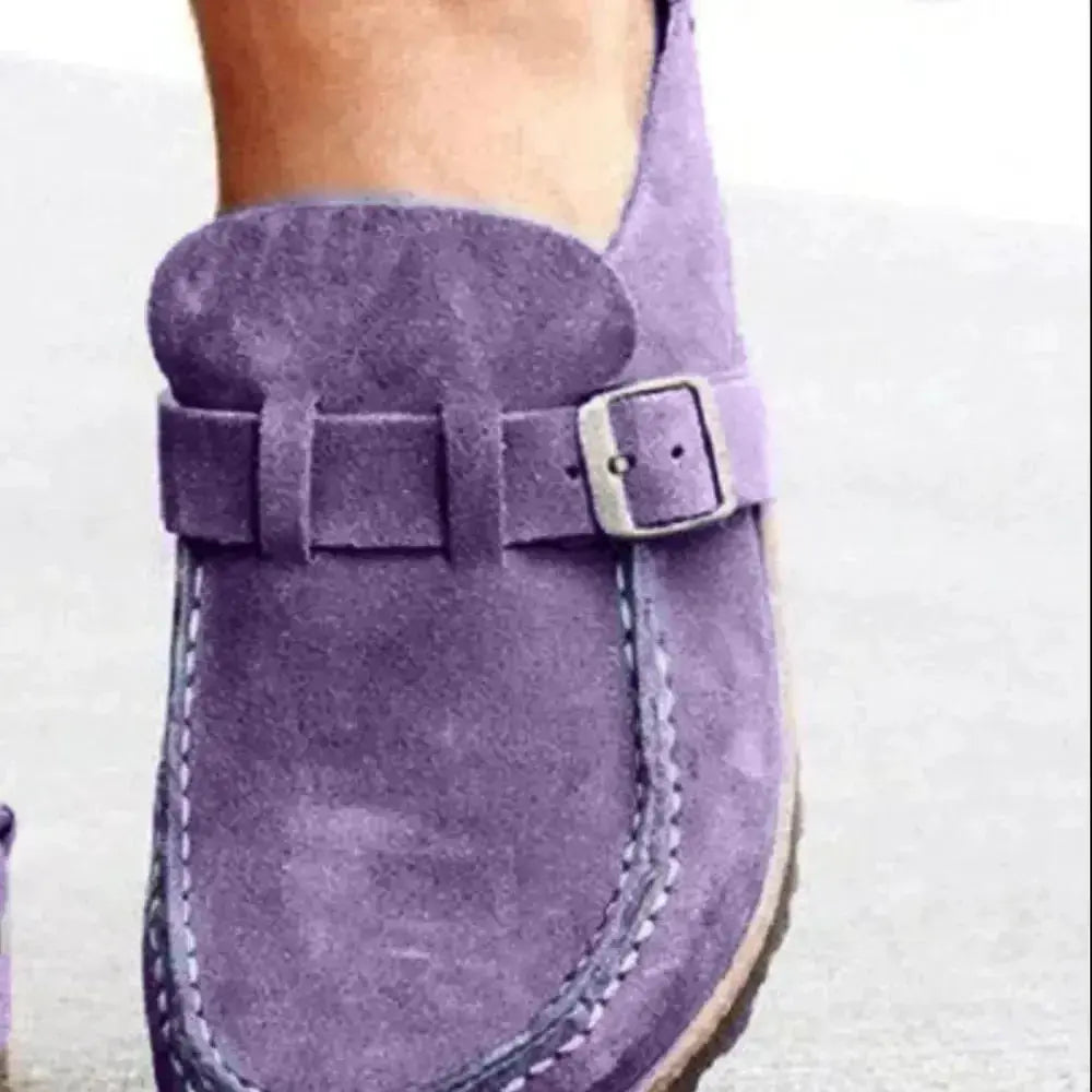 Women's round toe low heel buckle loafers in premium PU, stylish dress shoes from Plush Fashion Hub.