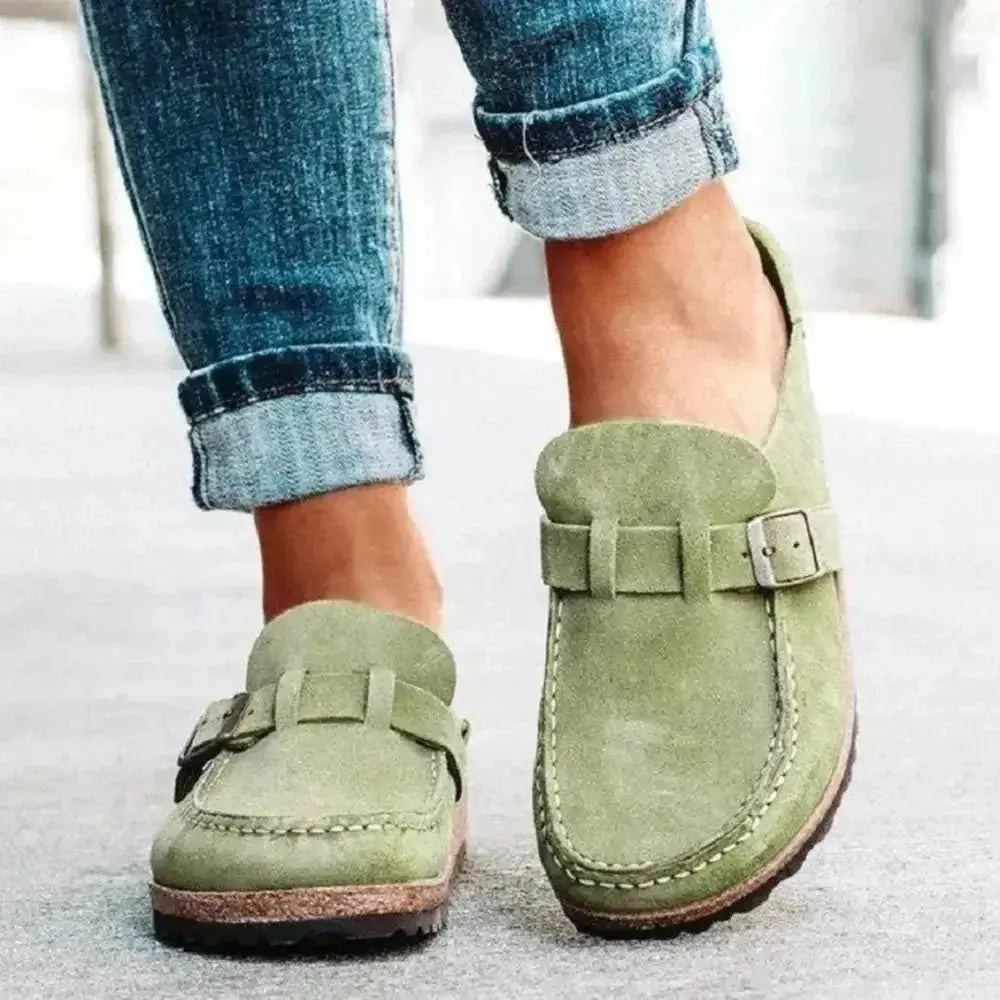 Women's round toe low heel buckle loafers in premium PU dress shoes, stylish and comfortable footwear by Plush Fashion Hub.