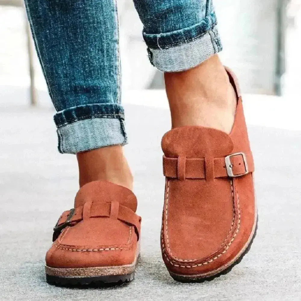 Women's round toe low heel buckle loafers in premium PU dress shoes with stylish design from Plush Fashion Hub.