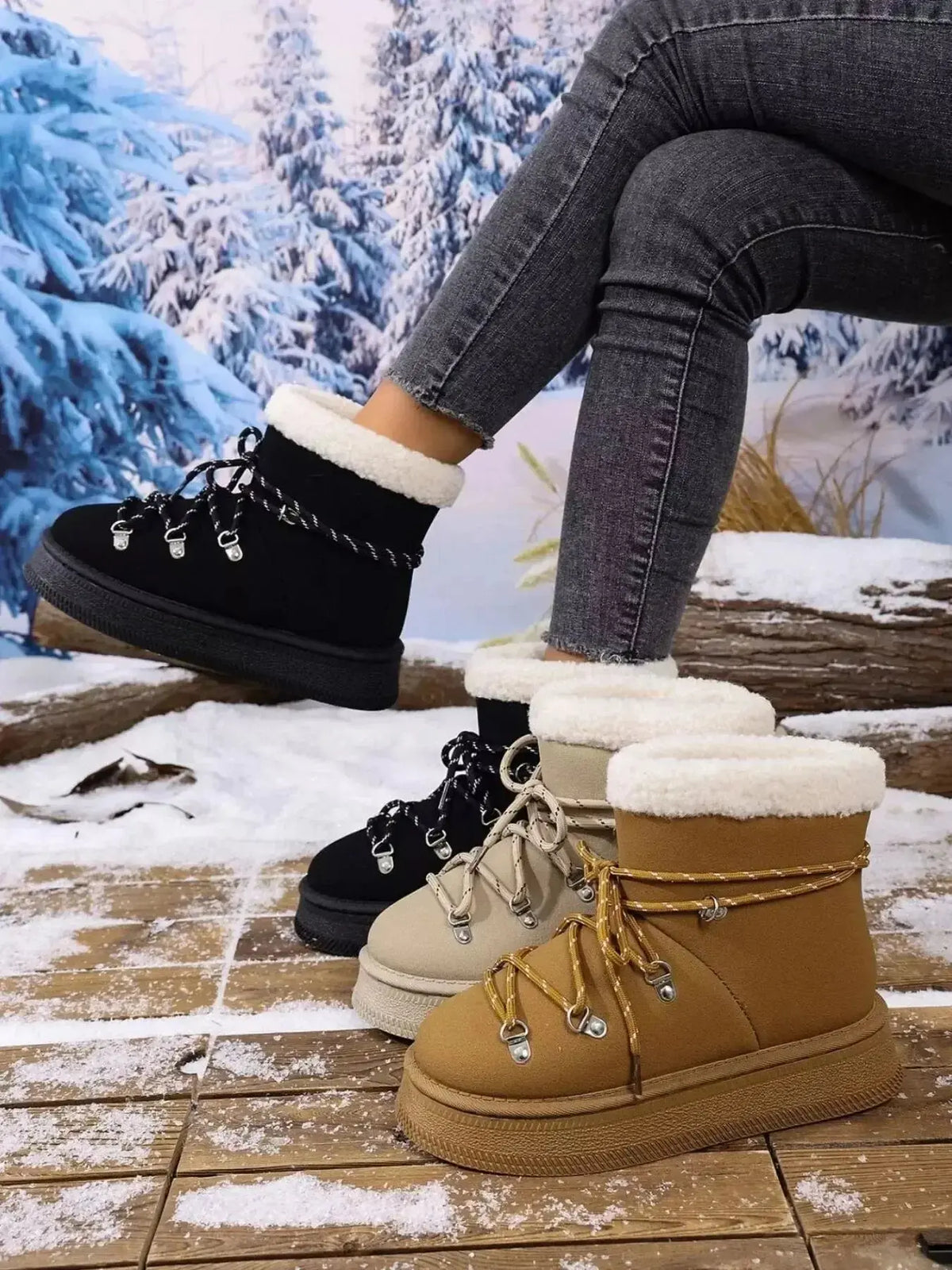 Women’s round toe platform boots with plush lining and faux leather exterior, stylish winter footwear by Plush Fashion Hub.