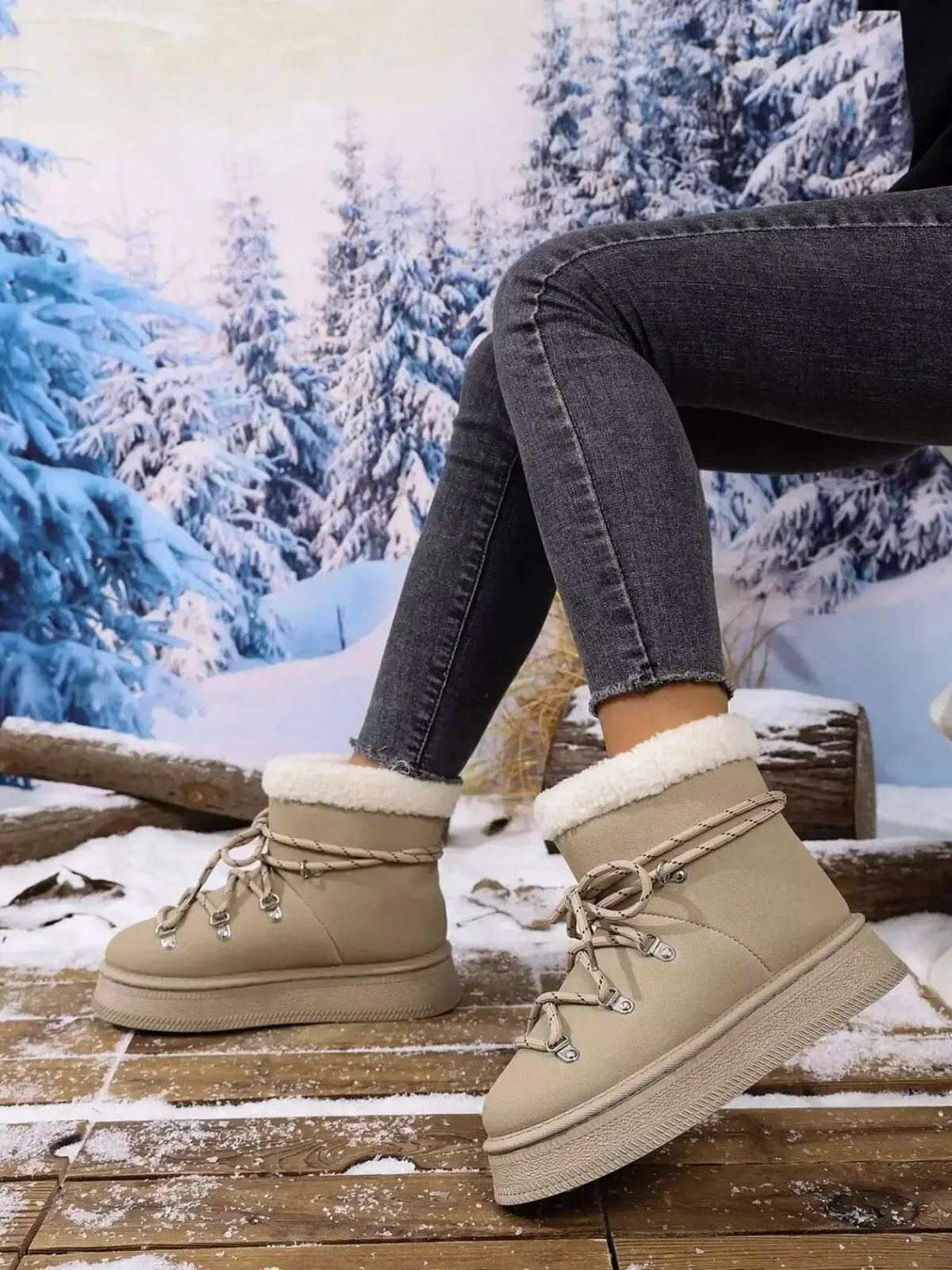 Women’s round toe platform boots with plush lining and faux leather exterior, stylish winter footwear by Plush Fashion Hub.