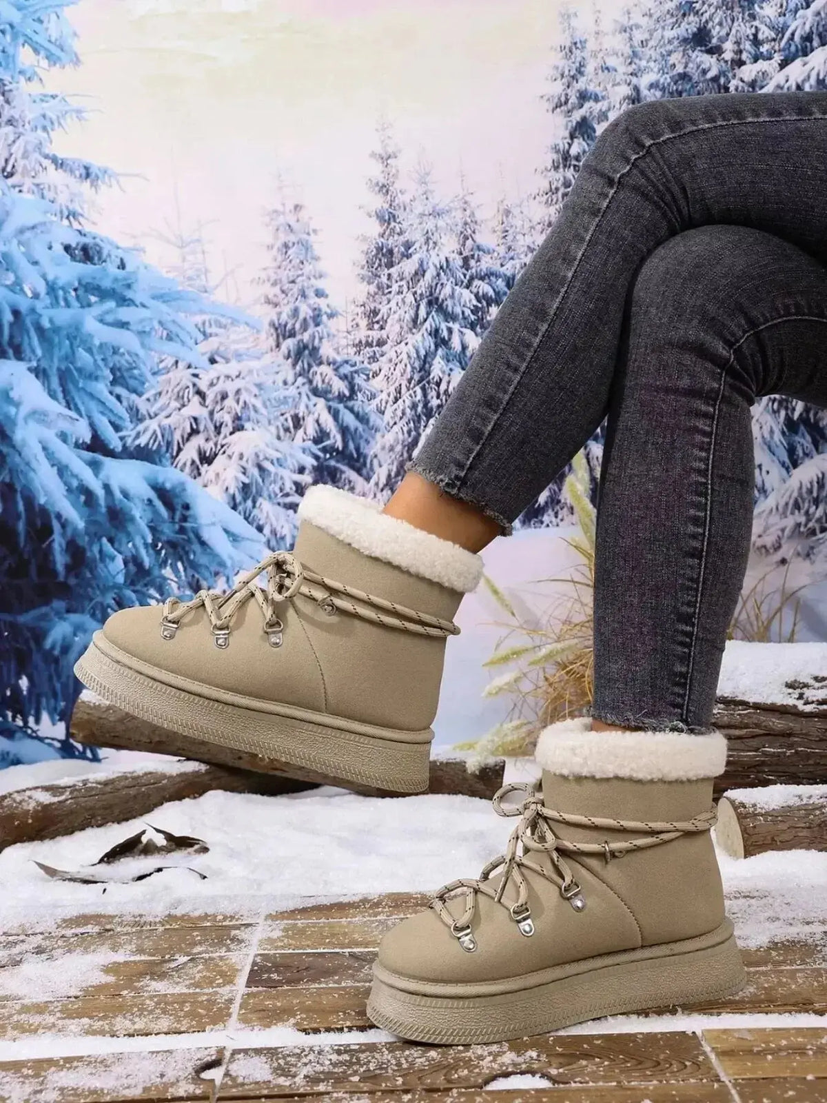 Women’s round toe platform boots with plush lining, faux leather winter footwear by Plush Fashion Hub.