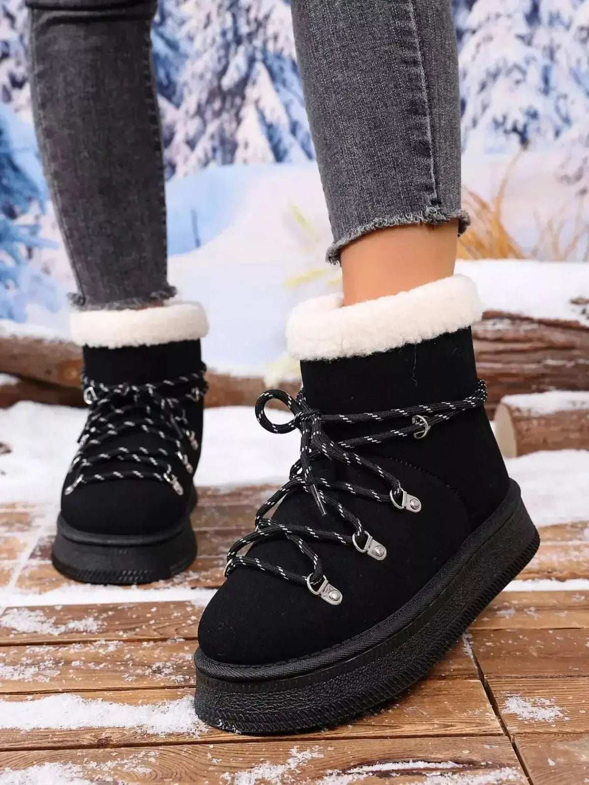Women’s round toe platform boots with plush lining and faux leather exterior, stylish winter footwear by Plush Fashion Hub.
