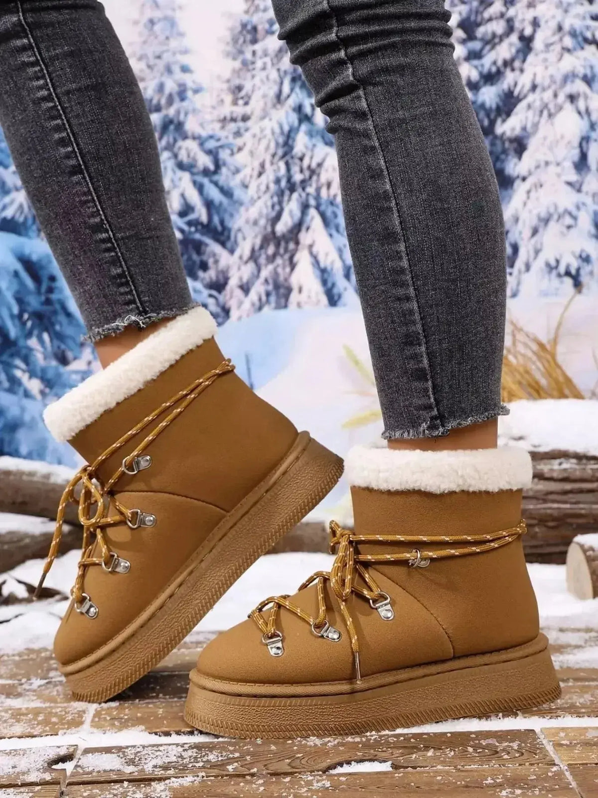Women’s round toe platform boots with plush lining, faux leather winter footwear by Plush Fashion Hub.