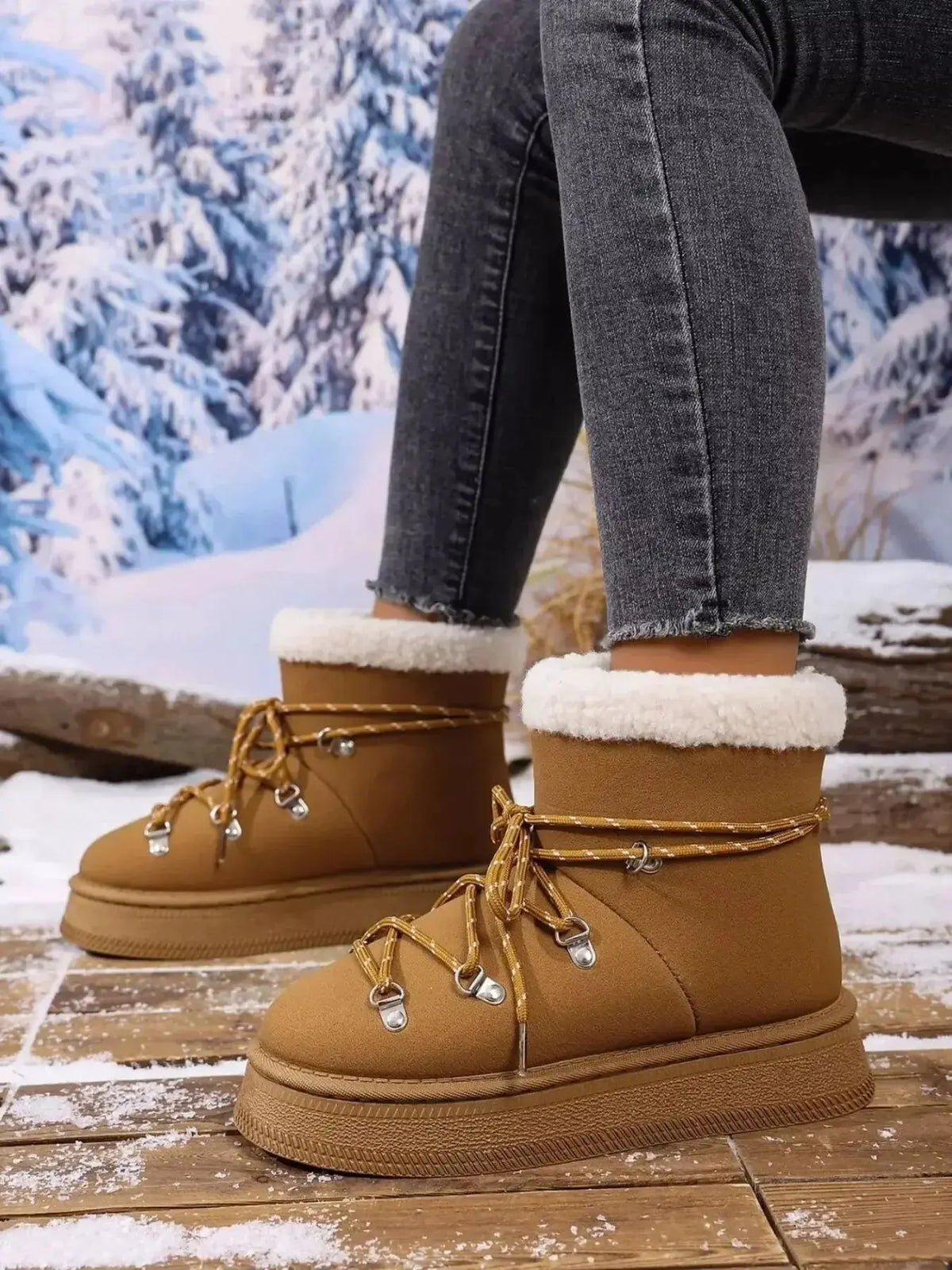 Women’s round toe platform boots with plush lining and faux leather, stylish winter footwear by Plush Fashion Hub.