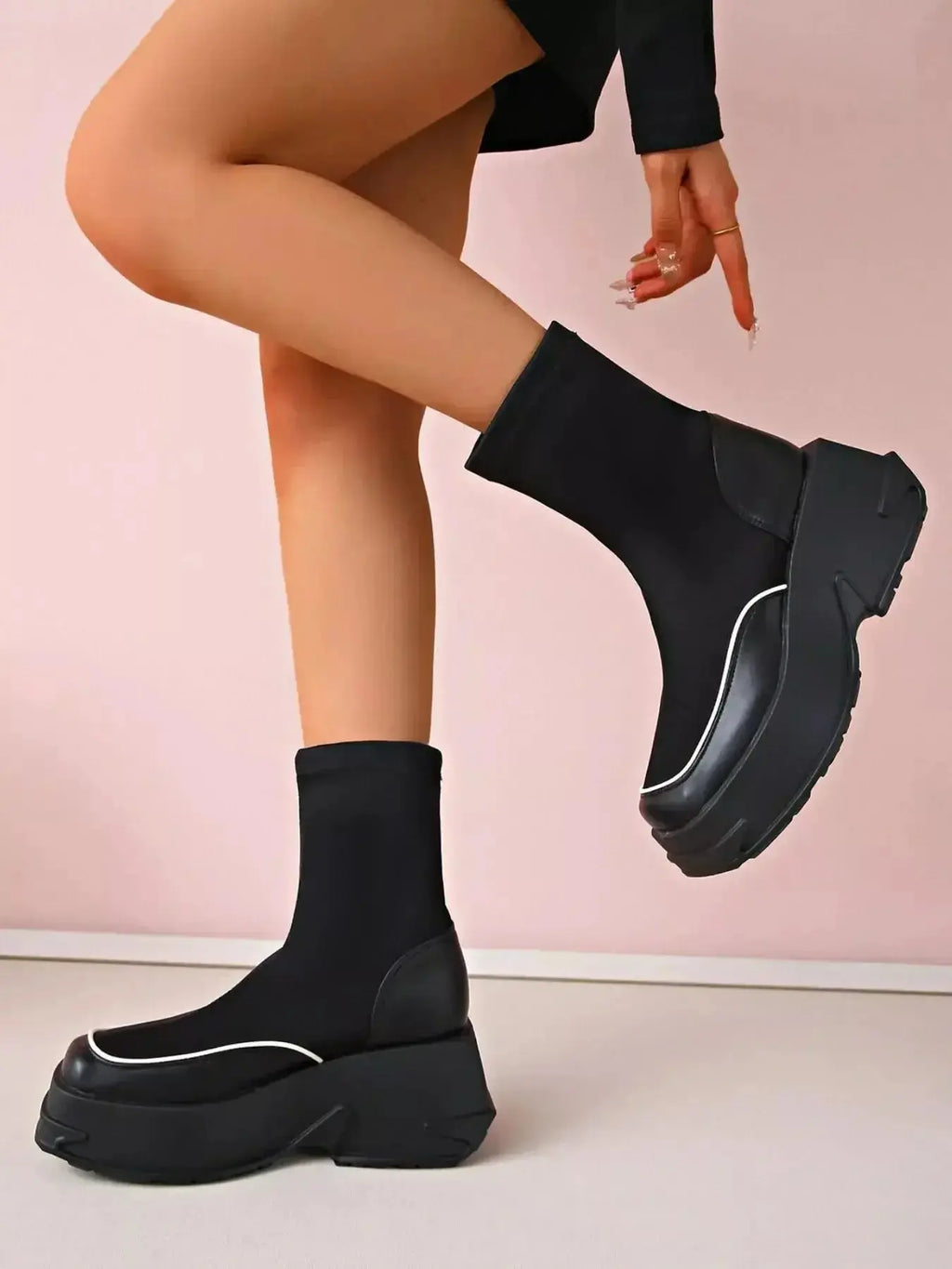 Women's round toe platform high heel boots by Plush Fashion Hub, stylish ankle boots with chunky heels and comfortable design.