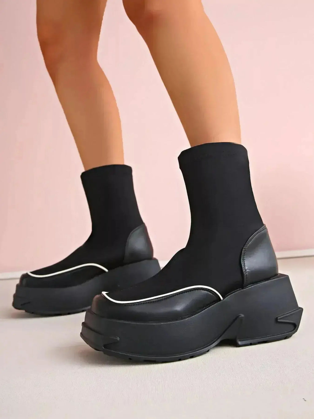 Women's round toe platform high heel boots by Plush Fashion Hub, stylish footwear with a chunky heel and comfortable fit.