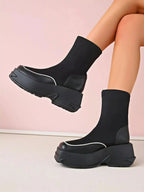 Women's round toe platform high heel boots by Plush Fashion Hub featuring stylish design and comfortable footwear.