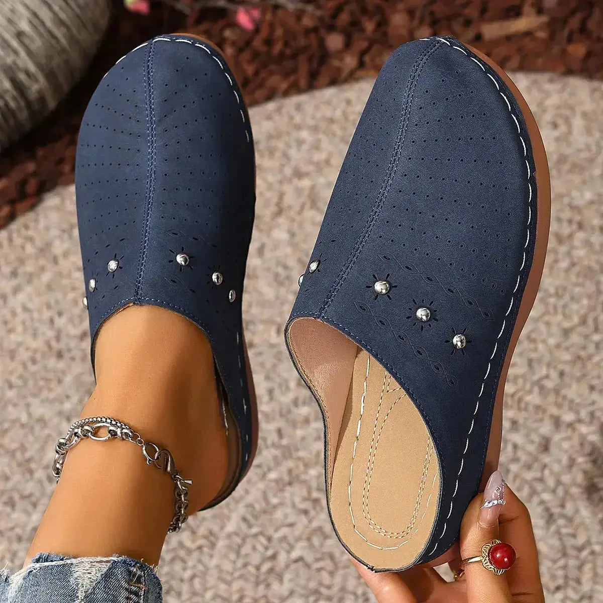 Women's round toe slip-on flats with studded details in soft vegan leather from Plush Fashion Hub.