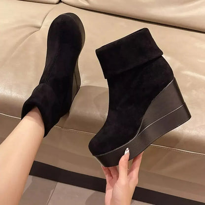 Round Toe Wedge Boots - Plush Fashion Hub
