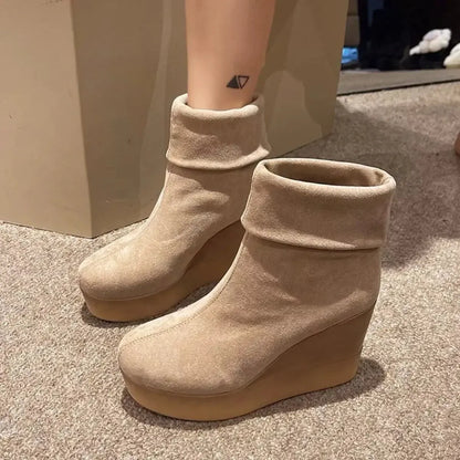 Round Toe Wedge Boots - Plush Fashion Hub