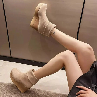 Round Toe Wedge Boots - Plush Fashion Hub