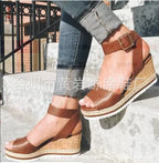 Korean style women's wedge peep-toe sandals with summer casual design and neutral color, featuring comfortable open-toe heels.