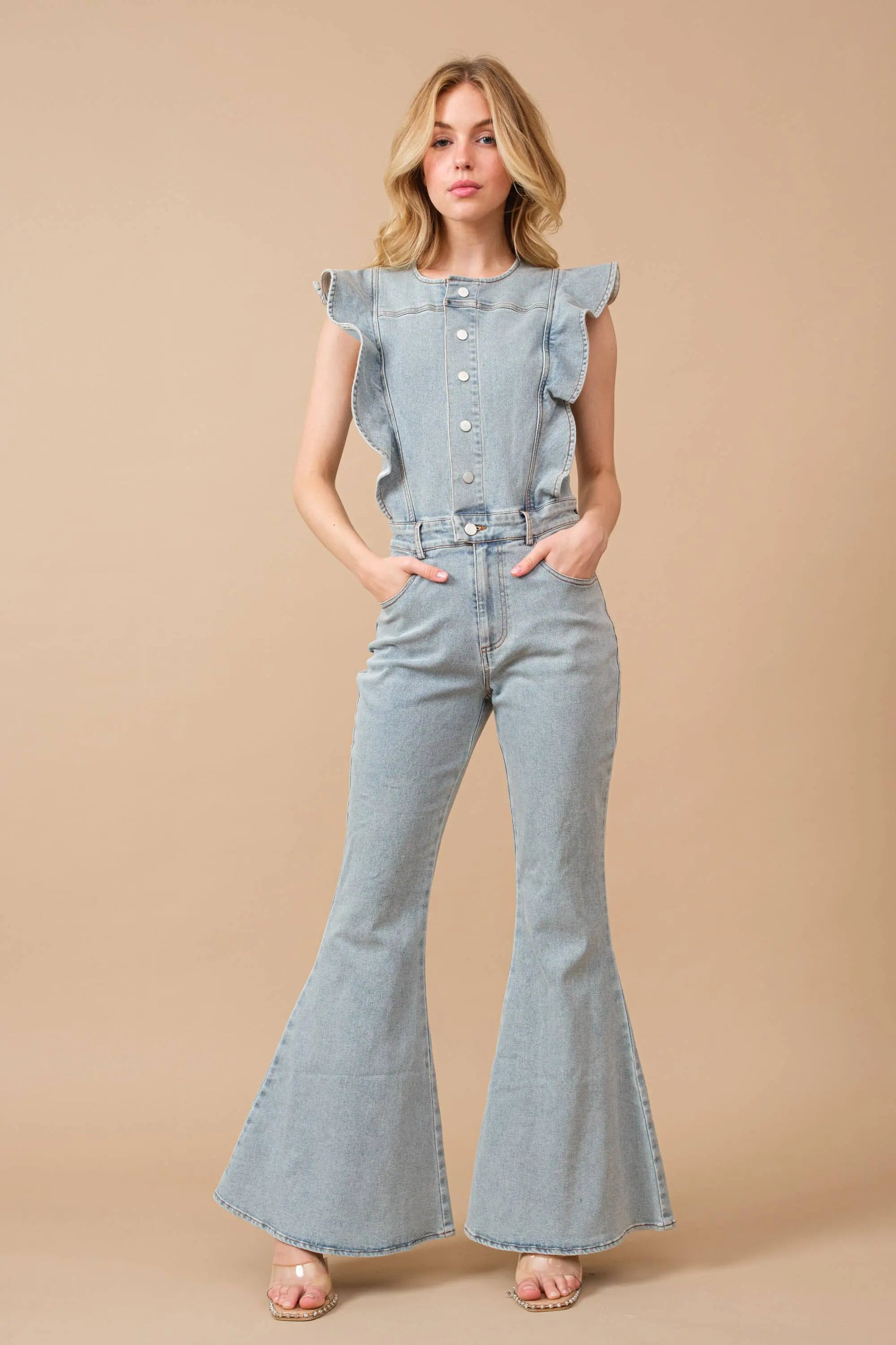 Ruffle Bell Bottom Denim Jumpsuit Pretty Little Patriot