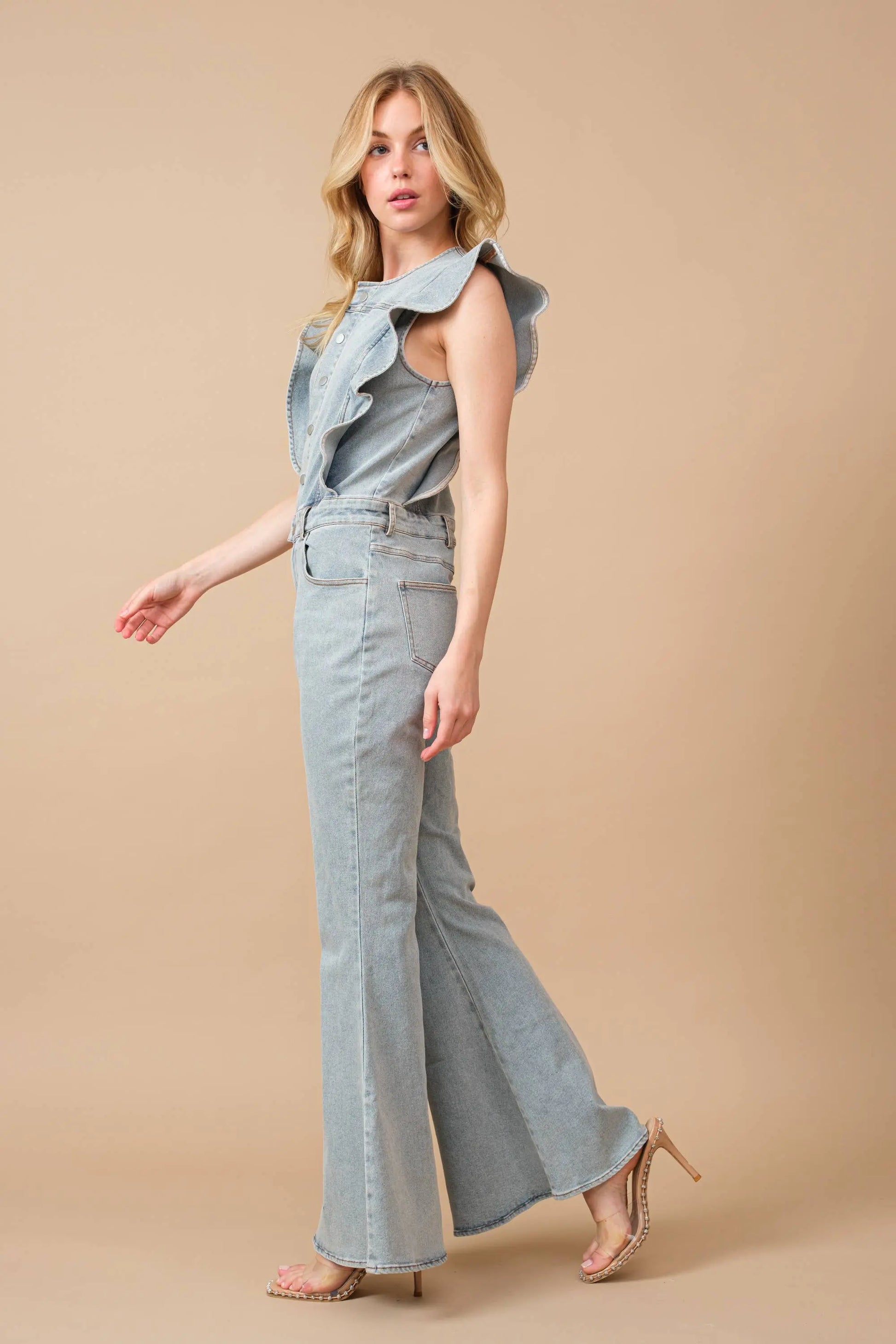 Ruffle Bell Bottom Denim Jumpsuit Pretty Little Patriot