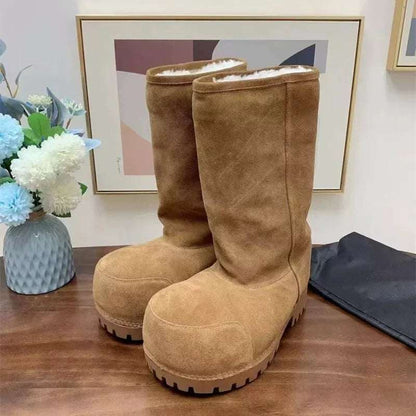 Women's Big Round Toe Suede Fur Knee High Boots Women's 2025 - Plush Fashion Shop #