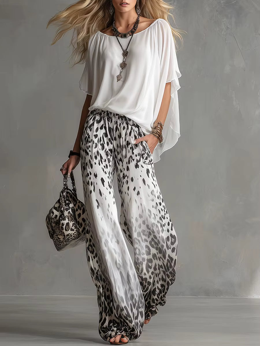 FitiqueFit chiffon puff-sleeve top and wide-leg pants casualwear set in multiple colors, shown in a stylish, relaxed outfit.