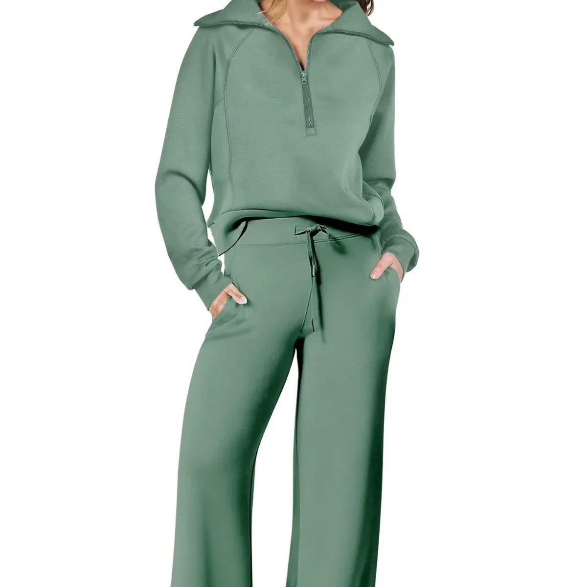 Women two-piece set with sweatshirt and wide-leg pants by Plush Fashion Hub, shown in a comfortable, stylish casual outfit.
