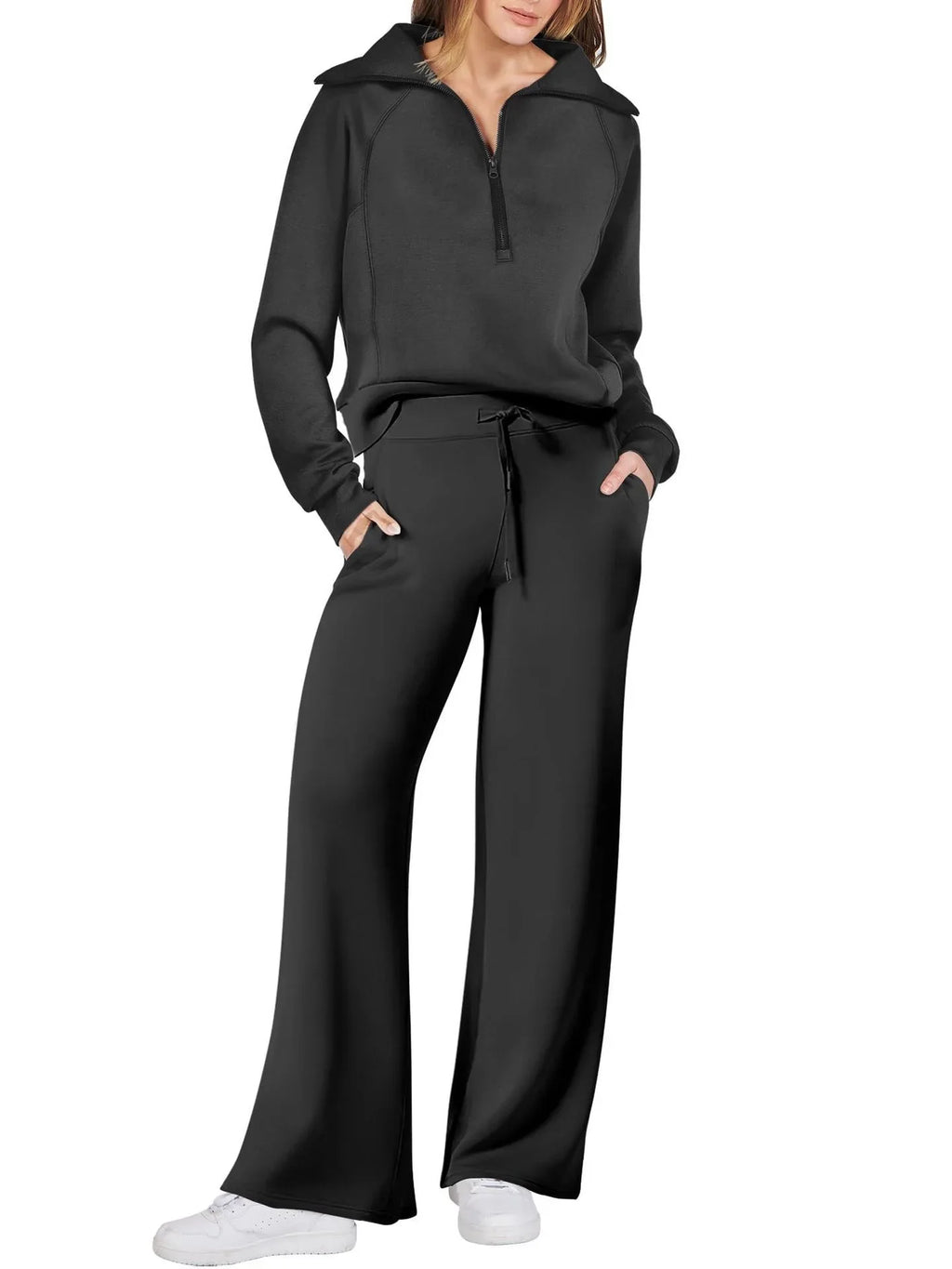 Women two-piece sweatshirt and wide-leg pants set by Plush Fashion Hub, casual loungewear with comfortable matching top and pants.
