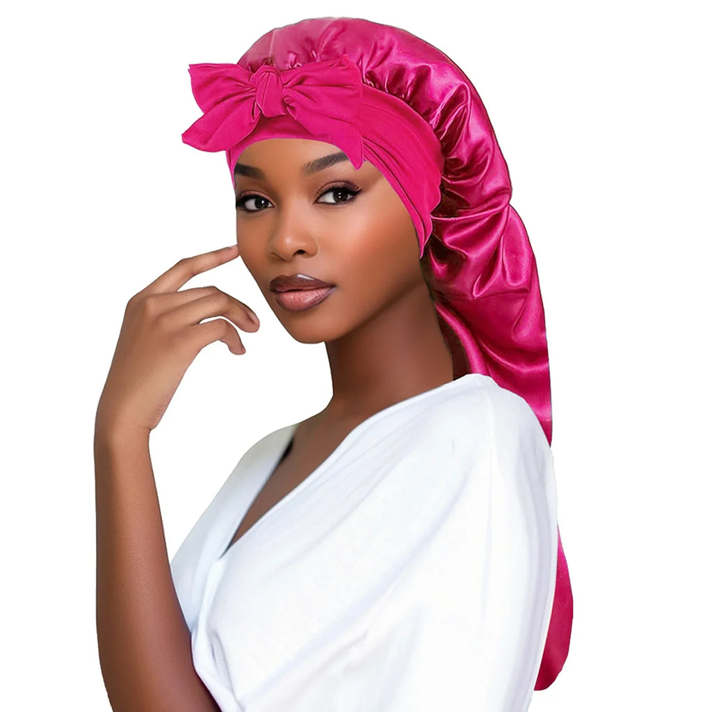 Plush Fashion Hub satin women’s bonnet with long tail braid hair sleep cap, ideal for night sleep, shower, and sauna.