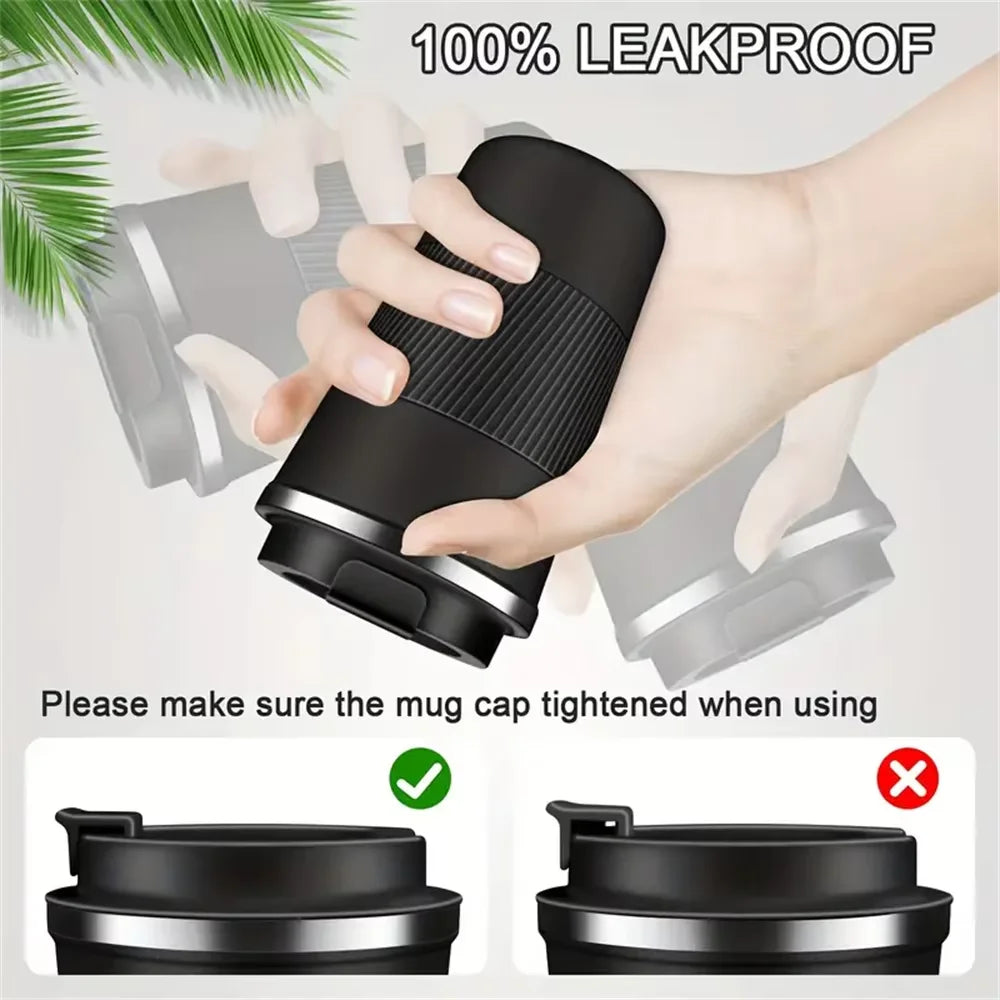 Stainless steel insulated travel mug with double-layer design, leak-proof lid, ideal for sports and outdoor use, by Plush Fashion Hub.