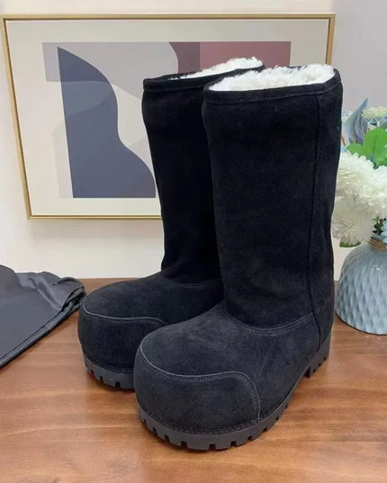 Women's Big Round Toe Suede Fur Knee High Boots Women's 2025 - Plush Fashion Shop #